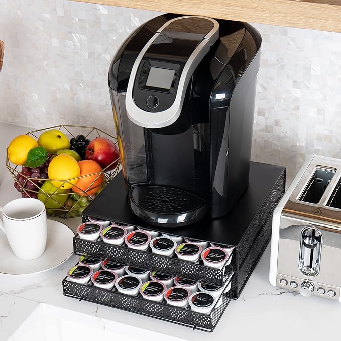 Mind Reader Single Serve Coffee Pod Organizer with 2 Drawers, 72 Pod Capacity, Metal Mesh, 13"L x 12.75"W x 5"H, Black