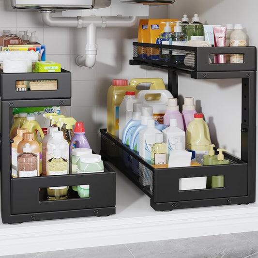 2 Pack 19IN Depth Under Sink Storage Organizer, Large 2-Tier Elegant Mesh Pull Out Shelf for Kitchen and Bathroom Cabinet Organization, L-Shaped and Adjustable Height Design-Black