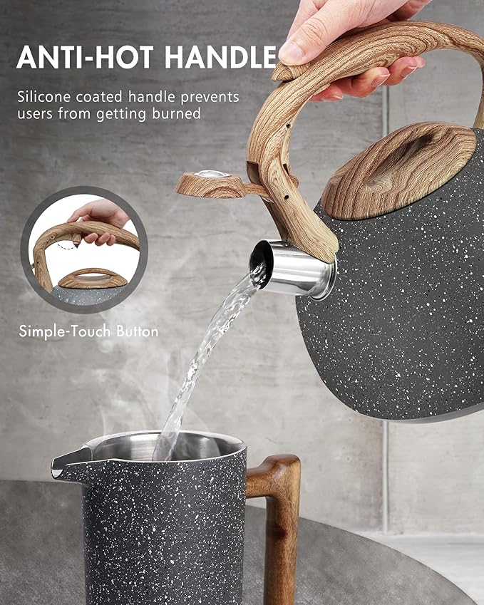 POLIVIAR Tea Kettle, 2.7 Quart Natural Stone Finish with Wood Pattern Handle Loud Whistle Food Grade Stainless Steel Teapot, Anti-Hot Handle and Anti-Rust, Suitable for All Heat Sources (JX2018-GR20)