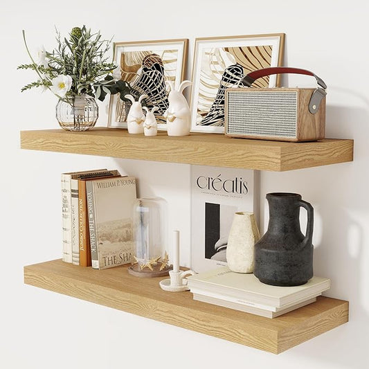 Floating Shelves 36 Inch Long, 12 Inch Deep Floating Shelves for Wall, 36 x 12 Shelves for Wall Storage & Display, 2" Thick Floating Shelf for Bathroom, Living Room, Bedroom, Oak Color, Set of 2