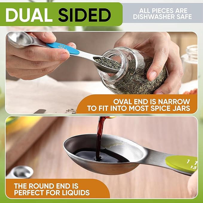 Spring Chef Magnetic Measuring Cups & Spoons Set (Patent Pending), Strong N45 Magnets, Heavy Duty Stainless Steel Fits in Spice Jars for Baking & Cooking, BPA Free, Set of 15 with Leveler, Multicolor