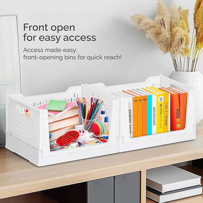 Skywin TidyFriend Stackable Storage Bins with Wheels, 3 Pack Foldable Storage Bins Box, Plastic Shelves Drawer Organizer Container for Closet Office Bedroom Kitchen Bathroom (Ivory)