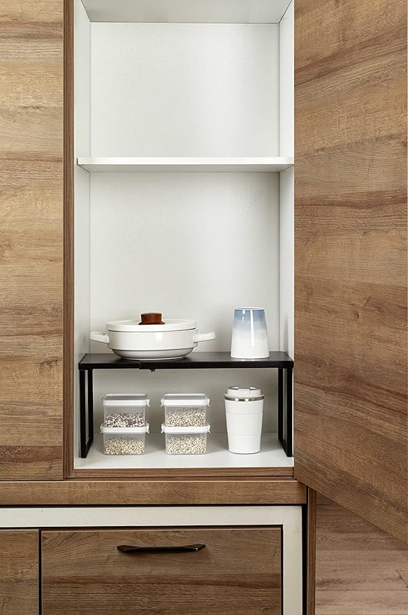 Nxconsu Cabinet Shelf Expandable Organizer Riser Rack for Kitchen Pantry Cupboard Under Sink Countertop Home Organization Extra Storage Space Saver Heavy Duty Metal Edgeless Design Black Extra Large