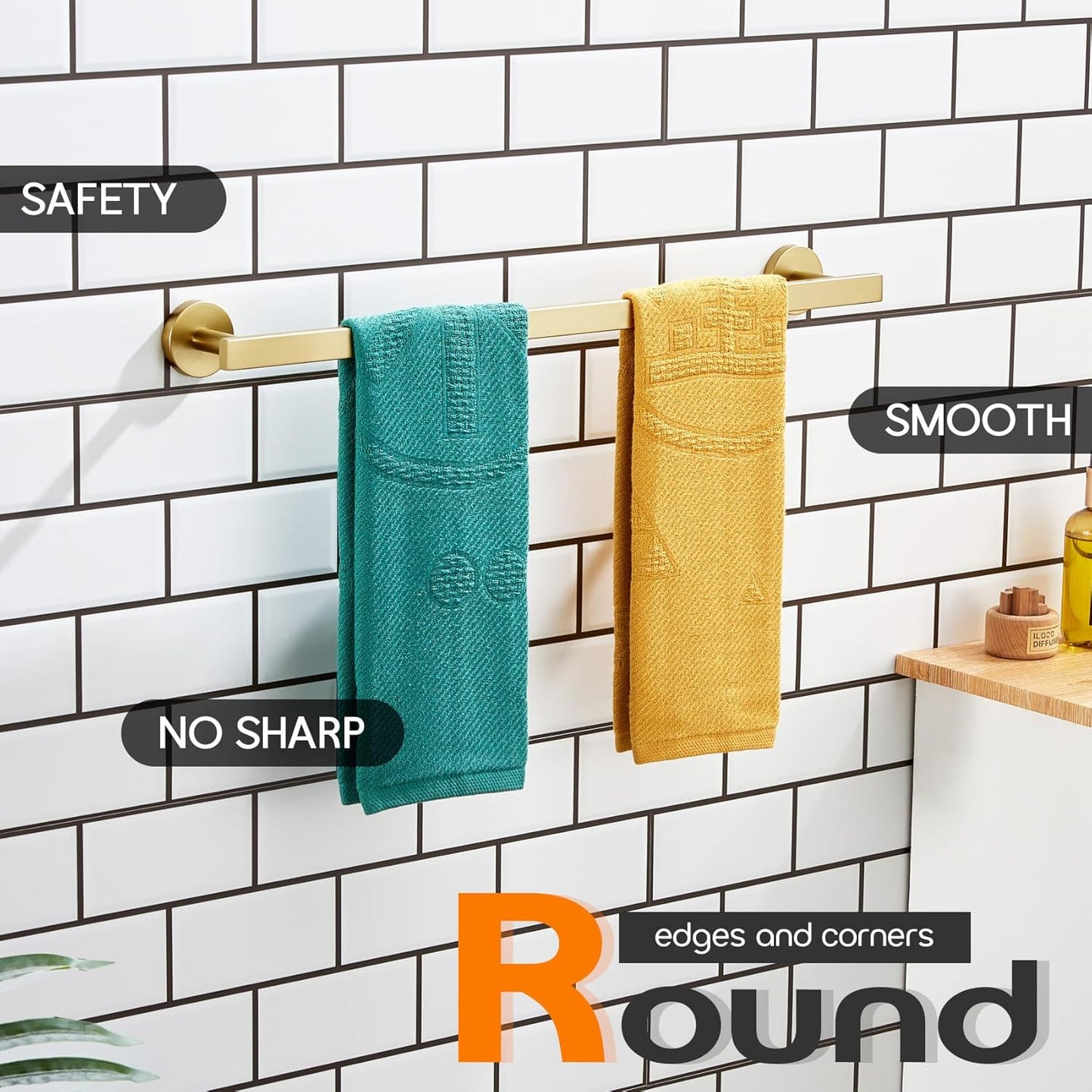 24 Inch Bathroom Towel Bar Bath Towel Rack Kitchen Towel Holder Towel Rails Wall Mounted SUS304 Stainless Steel Brushed Gold AN4001GD-L24