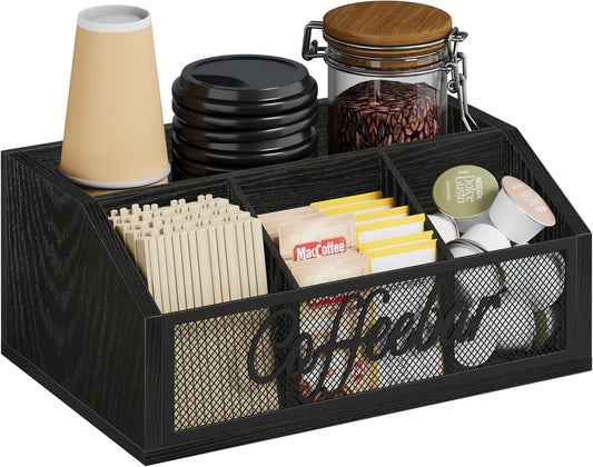 YINMIT Coffee Station Organizer for Countertop, Wood Coffee Bar Organizer with Removable Dividers for Pods, Syrup, Cups, Stirrer, Tea - Office Bar Accessories, Black