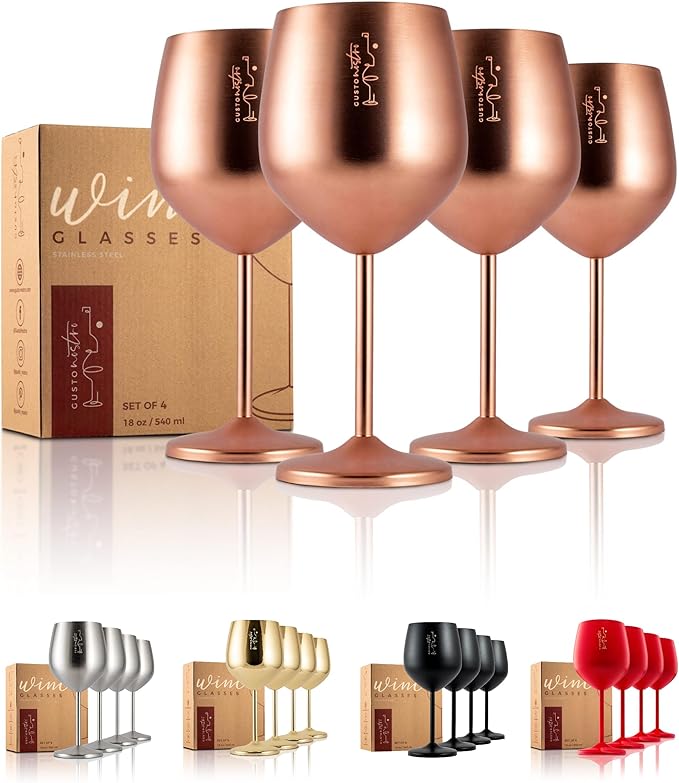 Gusto Nostro Stainless Steel Wine Glass - 18 oz - Unbreakable Rose Gold Wine Glasses for Travel, Camping and Pool - Fancy, Unique and Cool Portable Metal Wine Glass for Outdoor, Picnics (Set of 4)