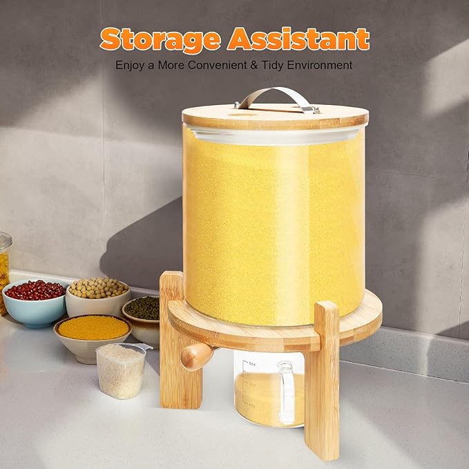 Flour and Cereal Container, Rice Dispenser, Creative Glass Food Storge Container for Kitchen Organization and Pantry Store, Airtight Lid and Wooden Stand (5L)