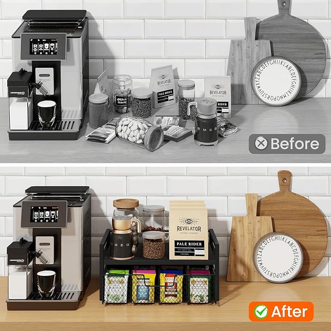 Homode Wood Tea Bag Organizer, Teabag Holder with Drawer, Tea Organizers and Storage Box, 8 Compartments Tea Caddy Station Chests Display Container for Counter Kitchen, Black