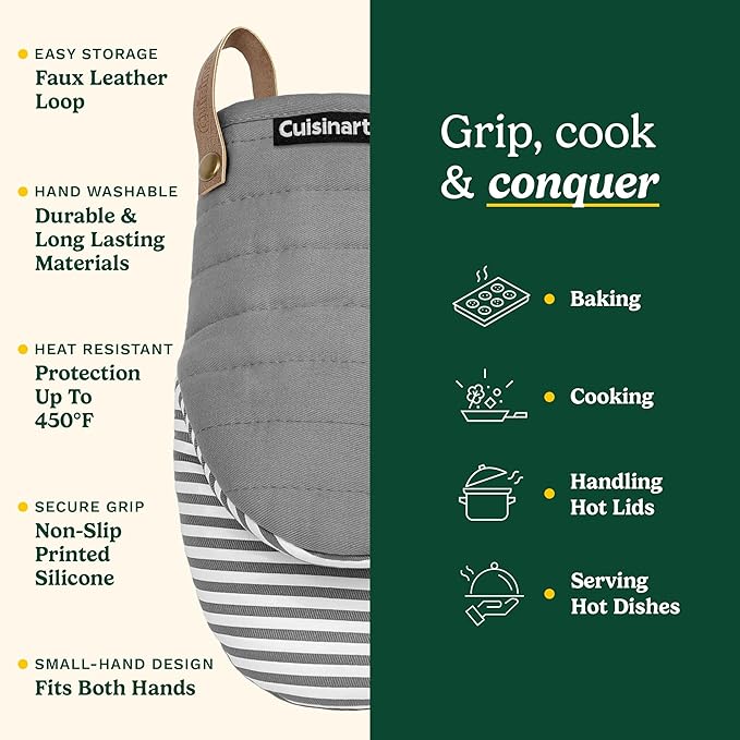 Cuisinart Mini Oven Mitts – 5.5” x 8” Heat-Resistant Kitchen Mitts for Oven with Non-Slip Printed Silicone, Cotton Filling, and Faux Leather Loop – Durable Oven Mitt Set for Cooking & Baking (Horizon)