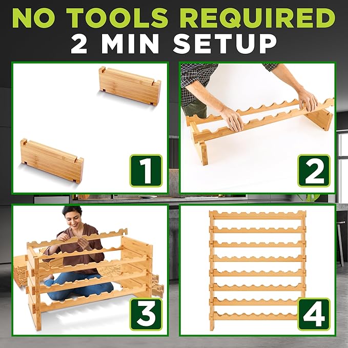 NutriChef Bamboo Stackable Wine Rack, 8-Tier 72 Bottle Capacity Wine Racks Free Standing Floor, No Tools Assembly, Modular Storage Display Shelf for Kitchen and Cellar 33.5" x 10" x 42"