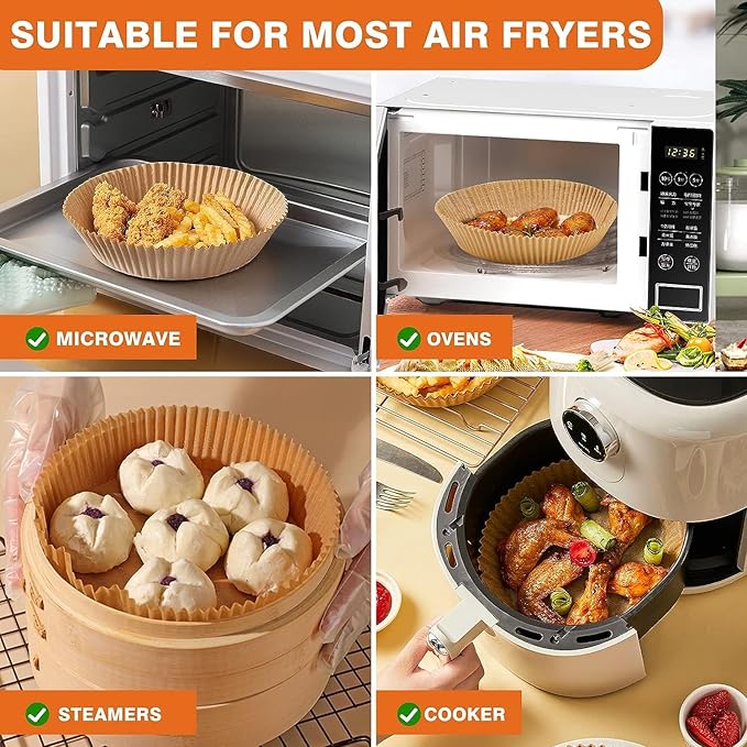 Vailnd 9inch Round Air Fryer Liners Disposable, 125PCS Non-Stick Parchment Paper Liners, Oil Resistant, Waterproof, Food Grade Baking Paper for 5-10 QT Air Fryer Microwave