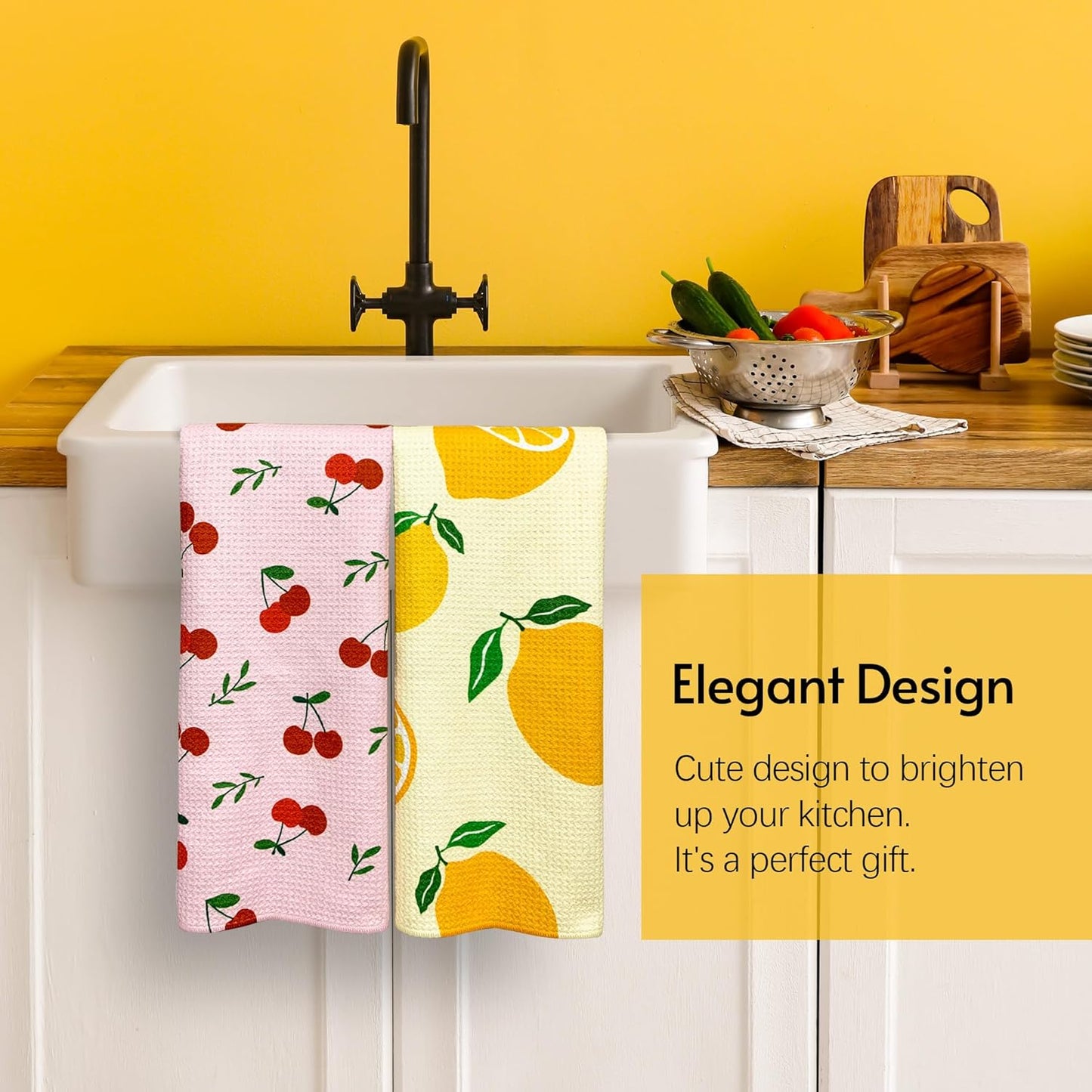 Kitchen Towels, 18" x 30" Dish Towels, Microfiber Tea Towels for Kitchen Drying, Superior Absorbency, Lemon Cherry Series, 2-Pack