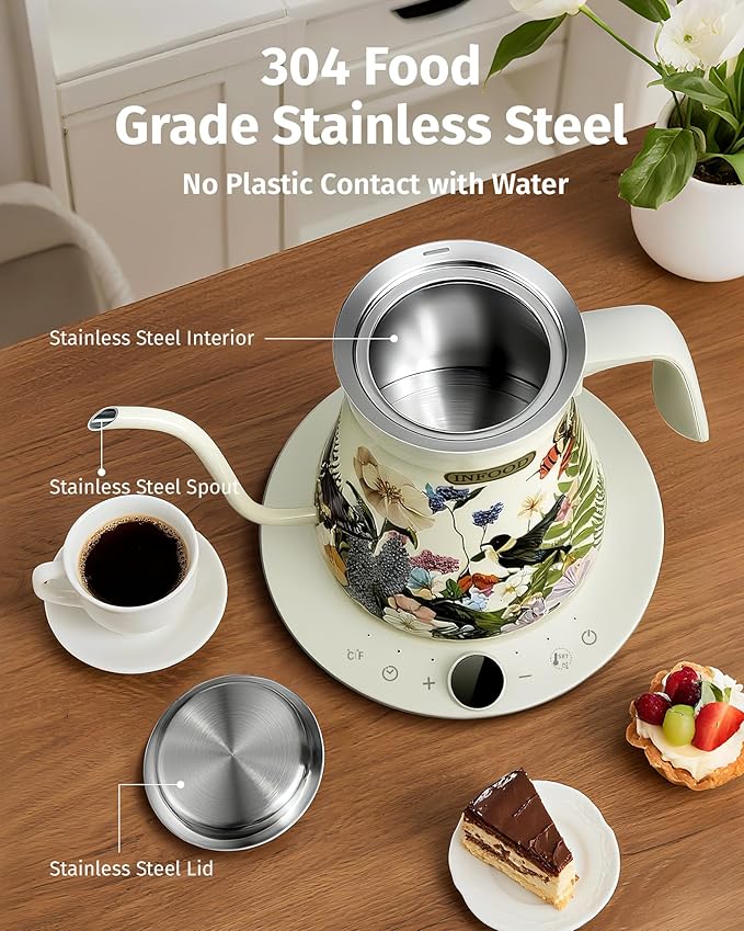 0.8L Gooseneck Electric Kettle, Precise Temperature Control for Pour Over Coffee & Tea, 1200W Fast Boiling Water, Auto Shut Off, Scheduling, Stainless Steel, Floral Painted Design