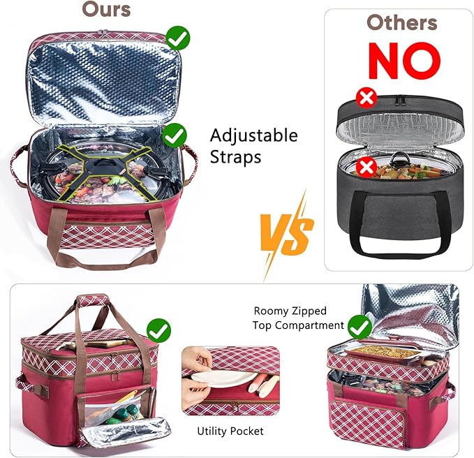 Double Layer Slow Cooker Carrier Bag – Fits 6–8 Qt Oval Slow Cooker Compatible with CrockPot & Hamilton Beach | Insulated Travel Tote with Utensil Storage & Adjustable Straps
