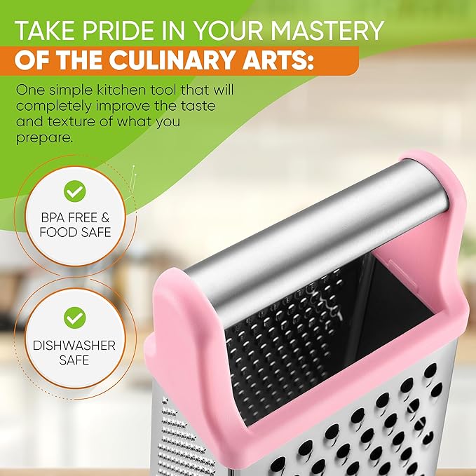 Spring Chef Professional Stainless Steel XL Parmesan Cheese Grater with Handle - 4 Sided Box Grater for Kitchen - Dishwasher Safe Carrot Shredder for Potato, Vegetables, Ginger - Pink Lemonade
