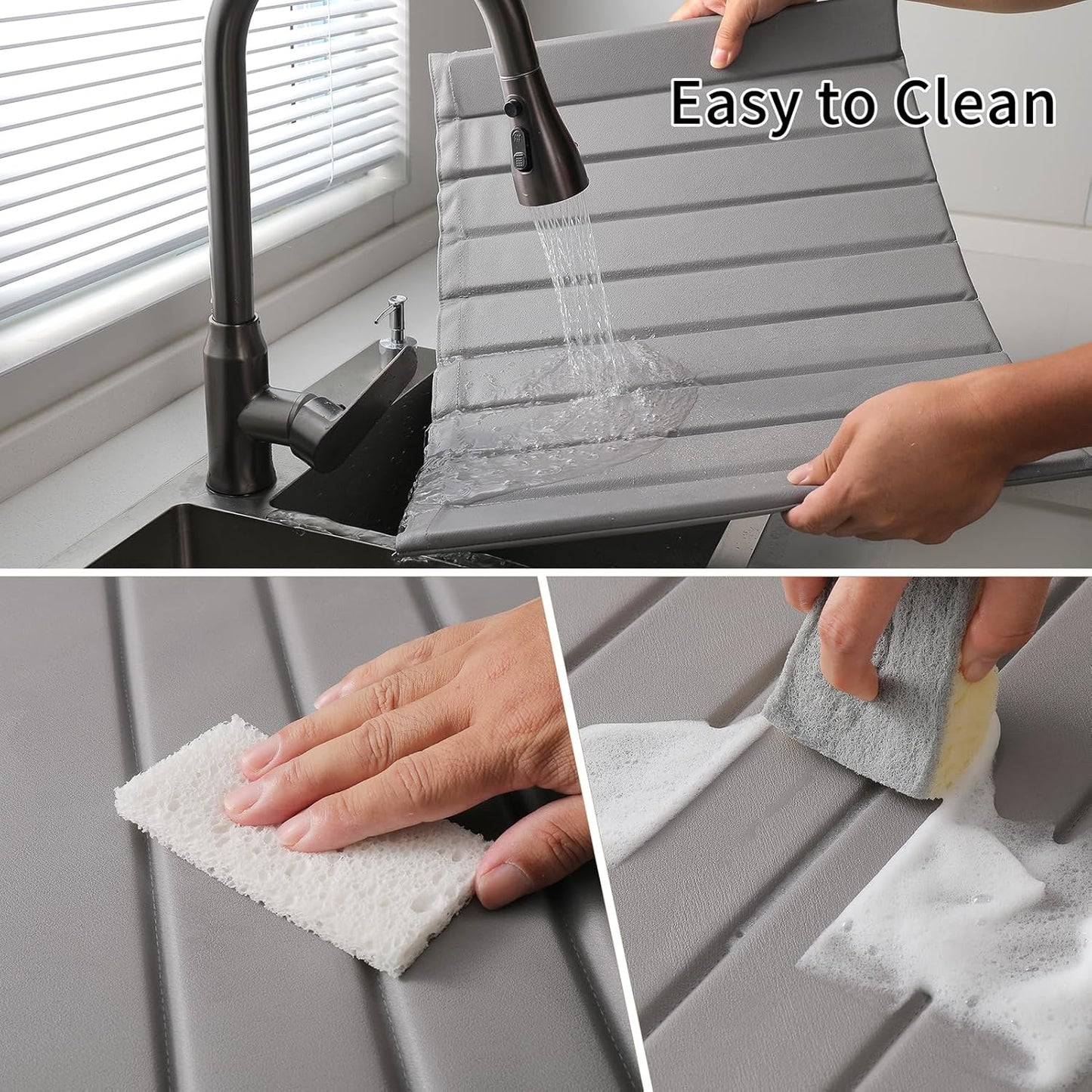 Stone Dish Drying Mat with PU Leather Surface for Kitchen Counter, Water-Absorbent Collapsible Roll up, Quick Dry, Non-Slip for Cups Dishes Bottles,Removable and washable(Medium Gray, 23.6”x15.4”)