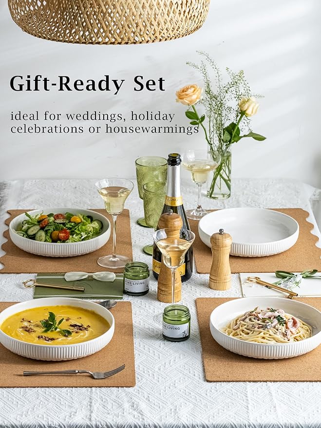 YHOSSEUN 9.75" Pasta Bowls Set of 4, 50 OZ Large Salad Serving Bowls Pasta Plates, White Soup Bowl for Kitchen Meal Prep, Ceramic Shallow Dishes Dinner Bowl, Clover Stripe