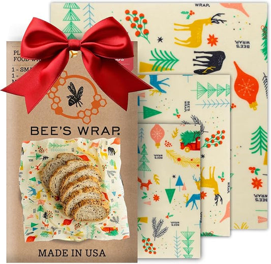 Bee's Wrap Beeswax Wraps for Food - Winter Wonderland 3 Pack (S, M, L) Made in USA Reusable & Organic Food Wraps, Sandwich Wrap & Bowl Covers - Eco-Friendly Alternative to Aluminum Foil & Plastic Wrap