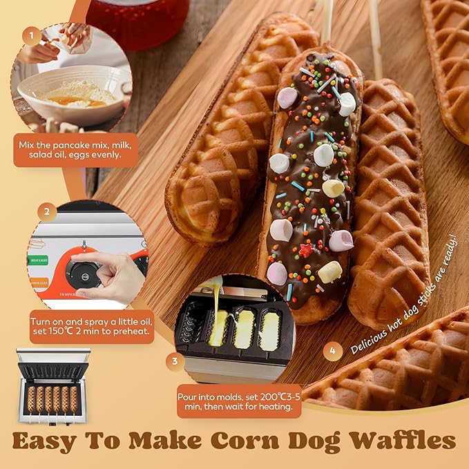 Moongiantgo Commercial Corn Dog Waffle Maker Machine 6 PCS 1550W Waffles on a Stick Maker Stainless Steel, 50-300℃ Temp Control, 5-min Timer Waffle Dog Maker 110V(White)
