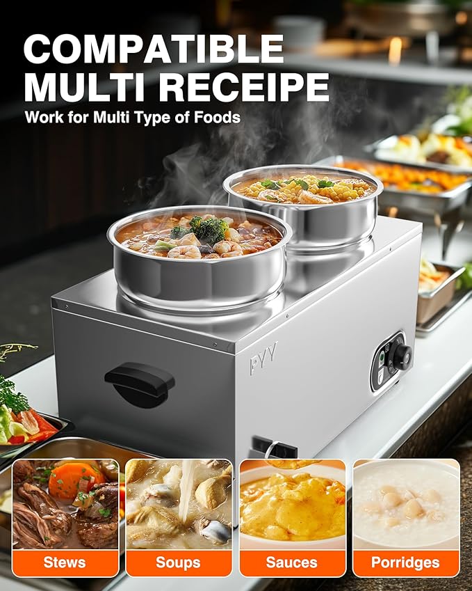 PYY Soup Warmer Commercial - Two 7.4QT Stainless Steel Bain Marie Round Pot 86~185°F Adjustable Temp, 1500W Electric Soup Warmer Countertop with Anti-Dry Burn and Reset Button for Restaurant, Buffet