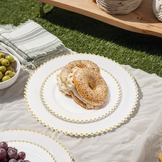 supernal 100pcs White Plastic Plates with Gold Trim Fancy Disposable Plates Includes 50 Plastic Dinner Plate and 50 Dessert Disposable Plate for Party,Wedding,Bridal Shower