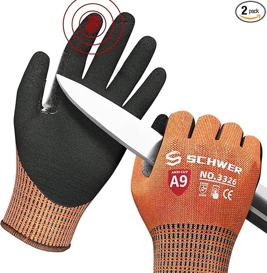 Schwer ProGuard Highest Level Cut Resistant Work Gloves PR3326 for Extreme Protection, ANSI A9 Cut Gloves with Reinforced Thumb, Non Slip, Non PFAS, Durable, Touch-screen, Orange 2 Pairs(XL)
