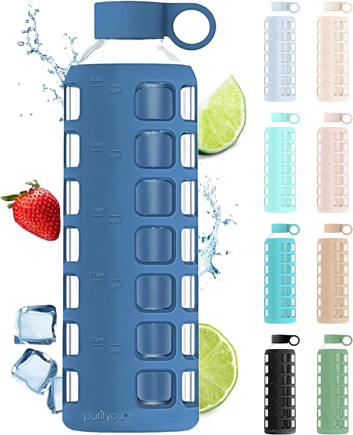 purifyou 40oz / 32oz / 22oz / 12oz Borosilicate Glass Water Bottle with Time & Volume Markers, Silicone Sleeve, Stainless Steel Lid – Reusable Glass Bottle for Water & Juice (40oz Chinese Porcelain)