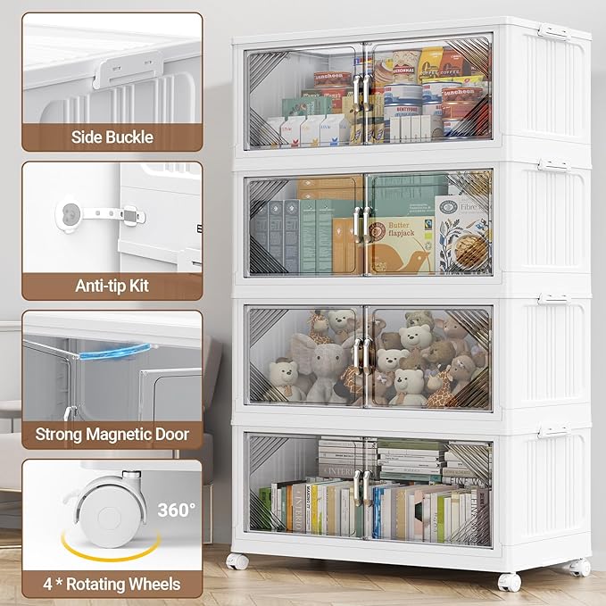 105Gal Plastic Stackable Storage Bins with Lid, 420QT Extra Large Closet Organizers Collapsible Cabinets Boxes With Drawers, Foldable Containers with 4x Wheels for Home Kitchen, V60 3Pack White