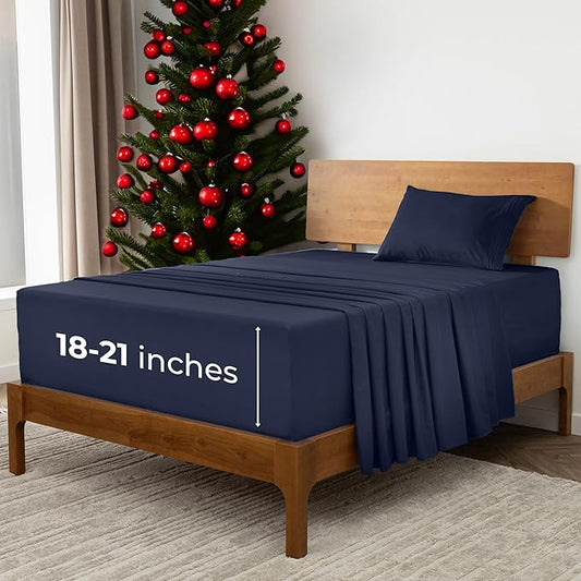 Mellanni Extra Deep Twin Sheets - 3 PC Iconic Collection Bedding - Hotel Luxury, Ultra Soft, Cooling Bed Sheets - Wrinkle, Fade, Stain Resistant (Twin, Navy Blue)