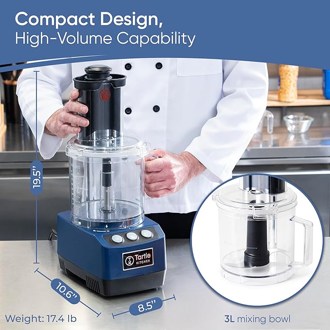 TK Tartle Commercial Food Processor - Heavy-Duty 600W Chopper, Slicer, Shredder & Blender w/Vegetable Prep Lid, Continuous Feed, 3L Mixer Bowl & Stainless Steel Blades