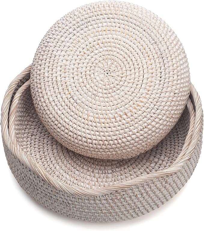 YANGQIHOME Rattan Round Fruit Baskets, Wicker Storage Bowls, Natural Woven Serving Basket Bowls, Decorative Baskets for Kitchen Counter Organizing, Whitewash, Set of 3