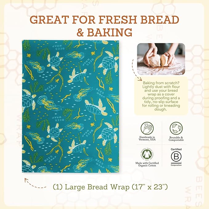 Bee's Wrap Beeswax Wraps for Food - Ocean Bread Wrap - Made in USA Reusable Bread Storage Bags - Organic & Eco-Friendly Alternative to Aluminum Foil, Sourdough Bags & Plastic Wrap