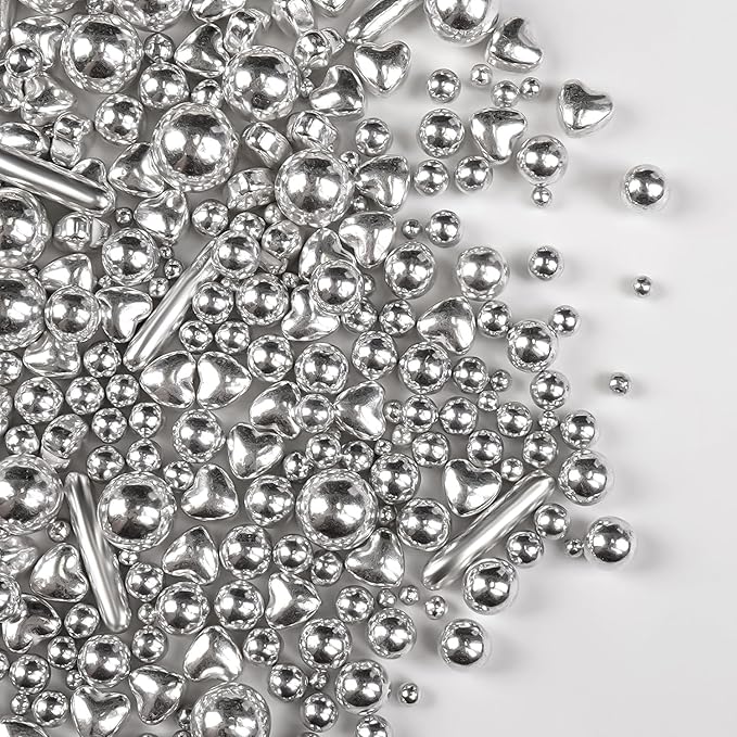 Silver Pearl Rods Heart Sprinkles, Baking Sugar, Silver Sprinkles for Cake, Mix Size, Cupcake Decoration, Holiday, Mother's Day, Wedding Party Supplies