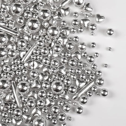 Silver Pearl Rods Heart Sprinkles, Baking Sugar, Silver Sprinkles for Cake, Mix Size, Cupcake Decoration, Holiday, Mother's Day, Wedding Party Supplies