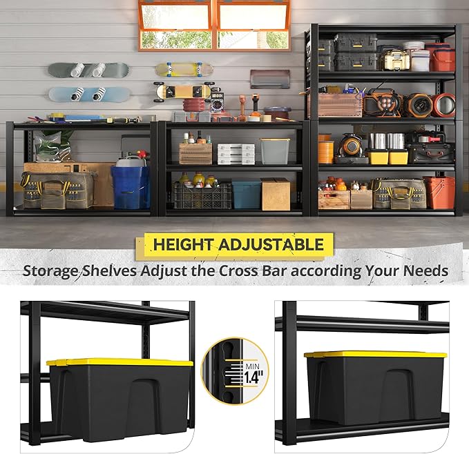 REIBII Garage Shelving Heavy Duty Storage Shelves, Extra Large Adjustable Storage Rack with 5 Tier Metal Shelving Unit, 2500LBS Loads Heavy Duty Shelf, Easy Assembly, 4 Pack