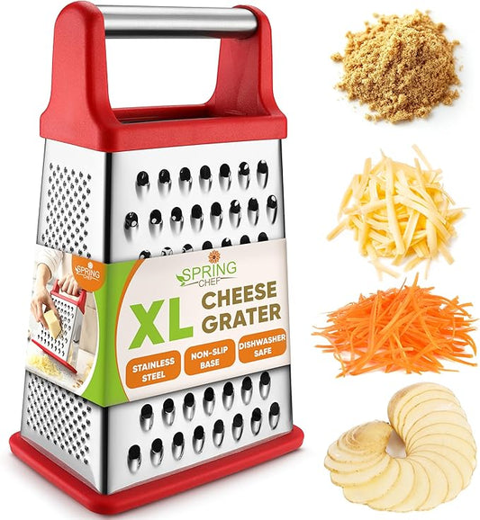 Spring Chef Professional Cheese Grater - Stainless Steel 4 Sided Box Grater for Kitchen, XL Size - Perfect Shredder for Parmesan Cheese, Carrot, Potato, Ginger - Dishwasher Safe - Red