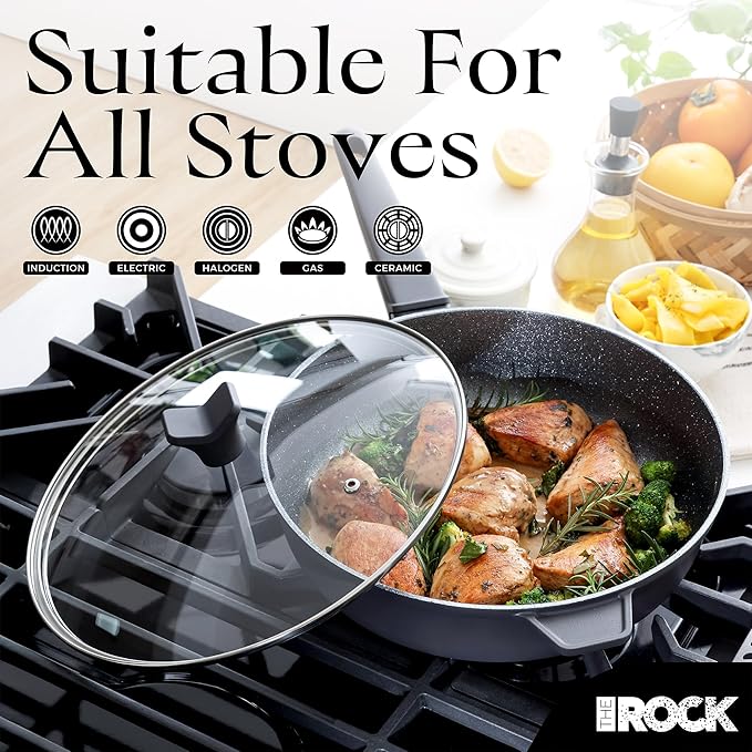 THE ROCK SOHO 4 Qt Nonstick Deep Frying Pan Skillet with Glass Lid, 11 Inch Large Deep Frying Pan, Non Stick Saute Pan – Stay-cool Handle, Induction Compatible, Oven & Dishwasher Safe, Black