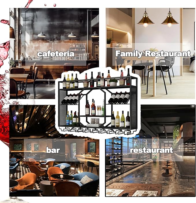 Wall Mounted Wine Rack, 3-Tiers Metal Bar Bottle Holder, Modern Wine Glass Storage Display Shelves, Wall Wine Rack for Kitchen Bar Dining Rooms Decoration ﻿ (Black, 55.11in/140cm)