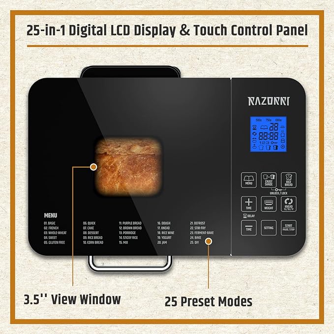 Razorri Bread Maker Machine Stainless Steel UL Certified, Nonstick Bread Pan, Homemade 2Lbs Breadmaker, Gluten-Free Setting, 15H Delayed-start, 1H Keep Warm, 3 Crust Colors and 3 Loaf Sizes