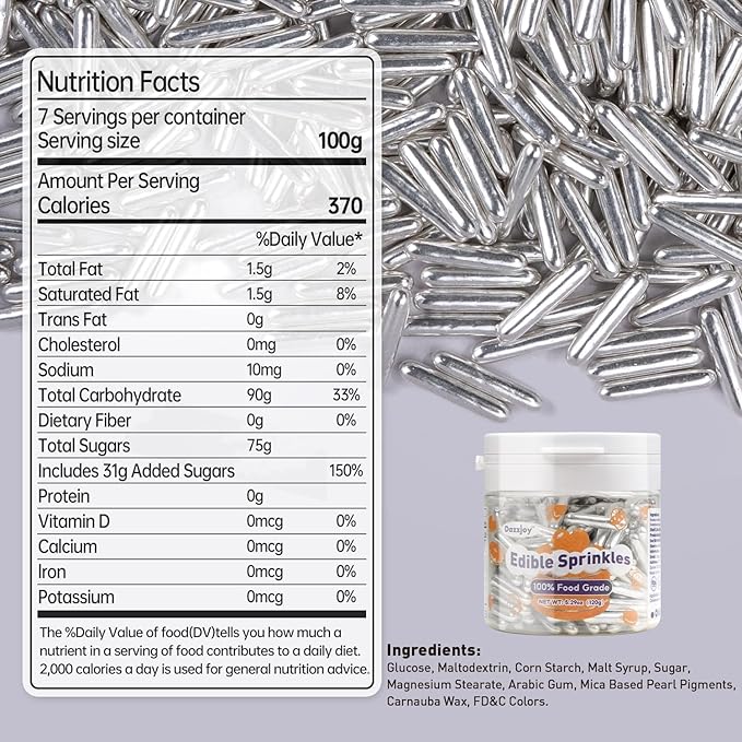 Dazzjoy Silver Rods Sprinkles, Edible Sugar Sprinkles, 120g/4.23oz, Cupcake Toppers, Cake Decorations, Ice Cream, Wedding Party Valentines Easter Supplies