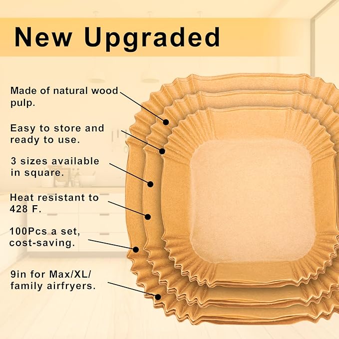 Disposable Air Fryer Paper Liners: 100Pcs 9 In Large Square Non Stick Parchment, Air Fryer Basket Liner for 8Qt - 12Qt Airfryer