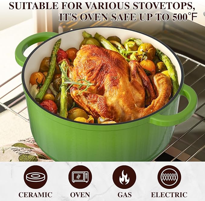 Umite Chef 5QT Enameled Cast Iron Dutch Oven Pot with Lid, Heavy-Duty, Cookware for Bread Baking, Braising, Stews, Roasting, Wedding Registry Ideas & Gifts(Green)