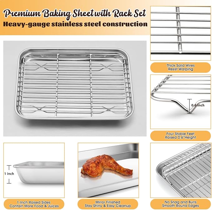 Metal Toaster Oven Tray Set, E-far 10.5”x8.3” Small Stainless Steel Baking Pan with Wire Rack for Cooking Broiling, Rimmed Metal Sheet for Roasting Cooling Cookie Bacon Steak