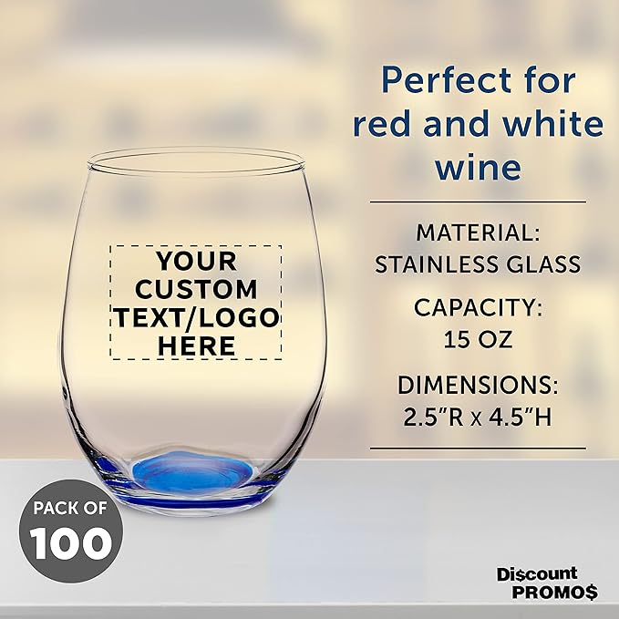 Custom Stemless Wine Glasses in Bulk by ARC Perfection, 15 oz, 100 pack, Personalized Text, Logo, Red or White Wine Glass Set, Blue
