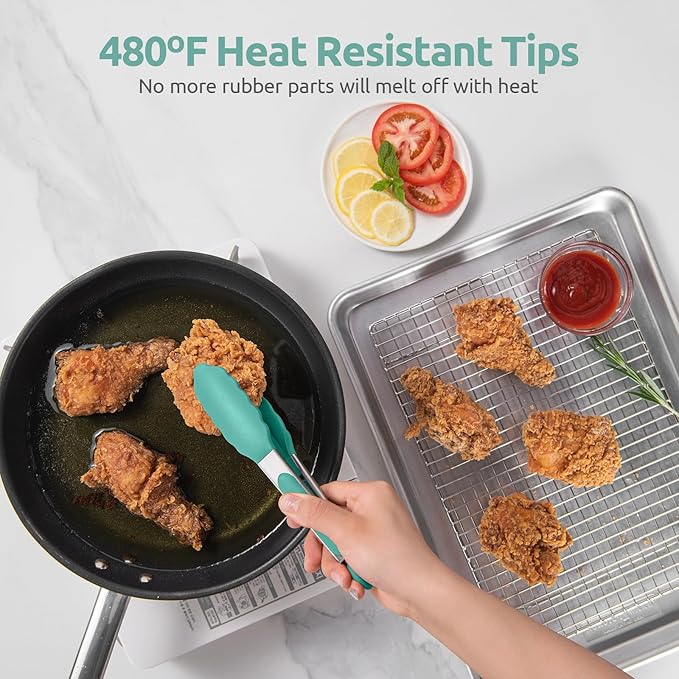 480ºF Heat Resistant Kitchen Tong: U-Taste 7in Silicone Cooking Tong with Firm Sealed Non Stick Rubber Tips & Silicon Coated 18/8 Stainless Steel Handle & Smooth Locking for Serving Salad (Aqua Sky)