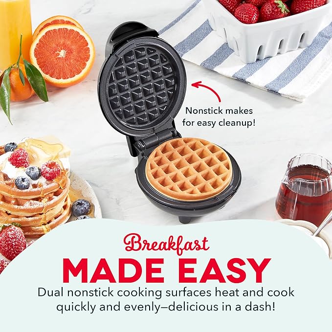 DASH Mini Waffle Maker - 4” Waffle Mold, Nonstick Waffle Iron with Quick Heat-Up, Nonstick Surface - Perfect Mini Waffle Maker for Kids and Families, Just Add Batter (Black)