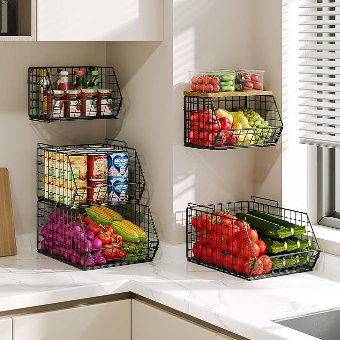 X-cosrack 2-Tier Stackable Wire Baskets for with Wood Lid, Wall Hanging Baskets for Potato and Onion Storage, Fruit Basket for Kitchen Counter, Metal Baskets for Snack Produce Cans