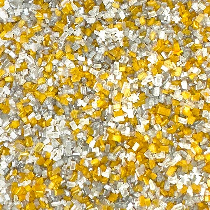 Fancy Sprinkles Filthy Rich Fancy Sugar Silver and Gold Pearlescent Sugar Crystals Flecked with Mini Edible Glitter Stars (4 OZ)