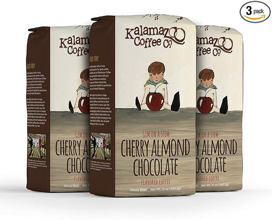 KALAMAZOO COFFEE COMPANY Cherry Almond Chocolate Whole Bean Coffee - Gem on a Stem Flavored Coffee | 12oz Bag (3 Pack)
