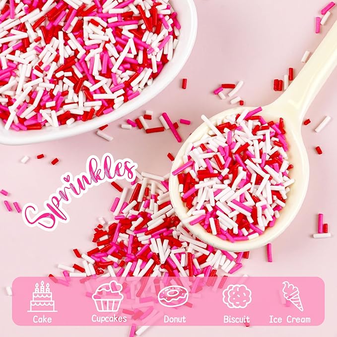 Pink Jimmies Sprinkles, Edible Sprinkles For Cake Decorating, Pink Red and White Sugar, 150g/5.29oz, Cupcake & Ice Cream Topper, Mother's Day, Valentine's Day, Wedding Party Supplies